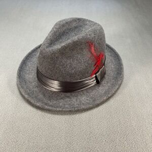 St. Patrick Hat 100% Wool Gray Fedora Feather Satin‎ Trim With Red Feather
